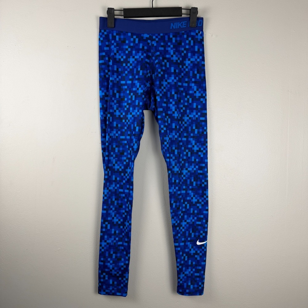 Nike Pro Leggings Womens M Blue Glitch Print Dri-Fit‎ Gym Running Workout Casual
